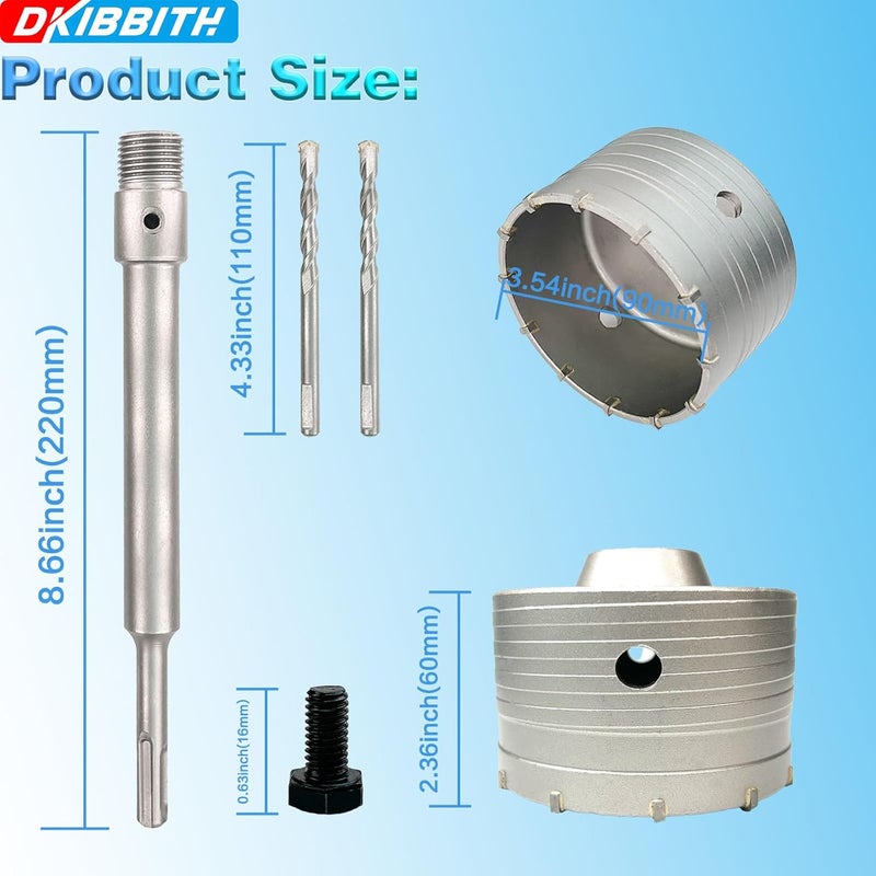 DKIBBITH 3-1/2" Concrete Hole Saw, 90mm Tungsten Steel Core Bit for Cinder Block, Brick, Rock, Plank Walls for Pipes or mini Split Lines, with SDS Plus Shank and 2 Center Positioning Drill Bits. - Image 2